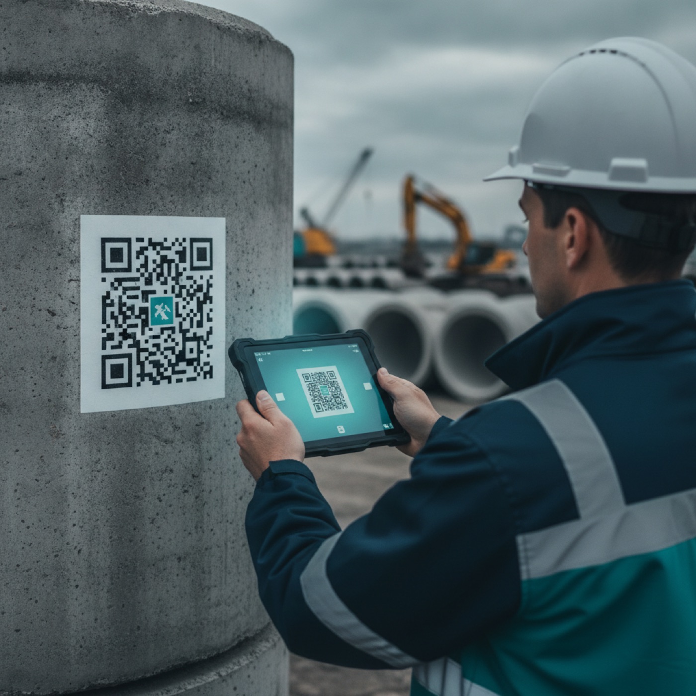 Operador escaneando el código QR de un tubo de concreto con una tableta